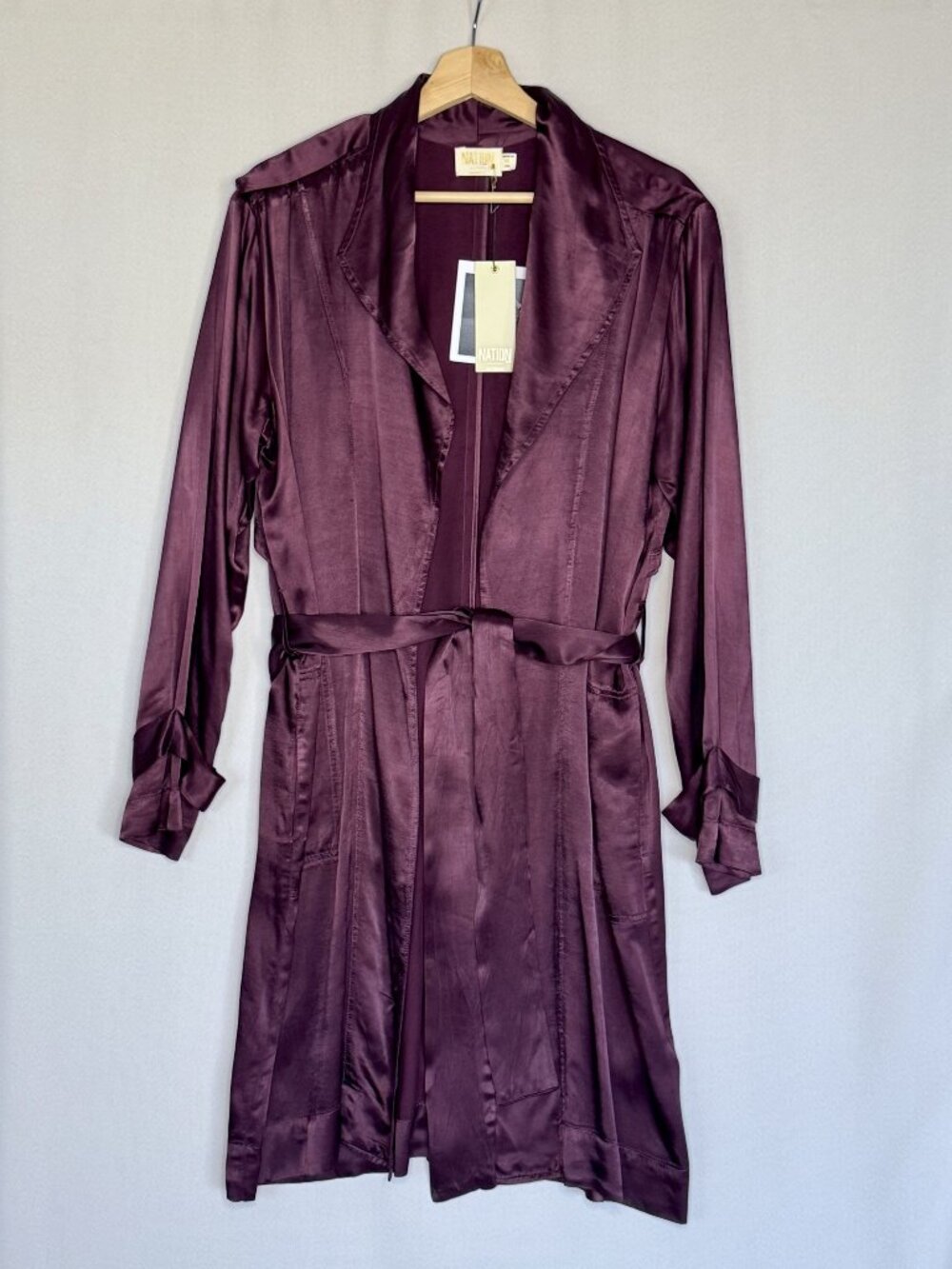 Nation LTD Carmen Draped Plum Purple Satin Knee Length Trench Coat Medium NWT